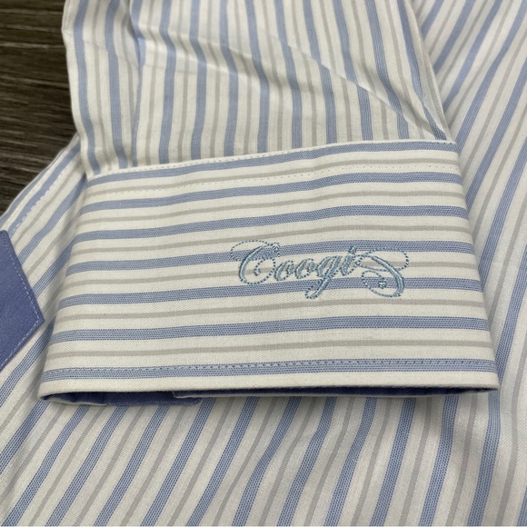 COOGIE LUXE Dress Shirt Mens M 15.5/16 White Blue Striped L/S Flip Cuff Logo - Picture 10 of 14